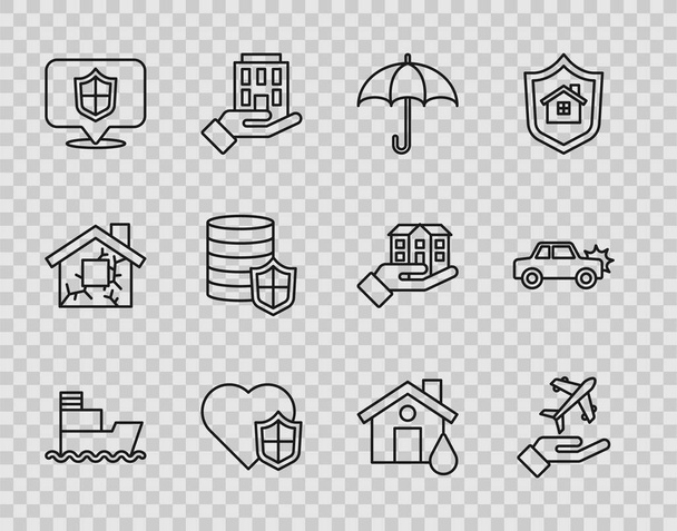 Set line Ship, Plane in hand, Umbrella, Life insurance with shield, Location, Money, House flood and Car icon. Vector - Vektor, obrázek