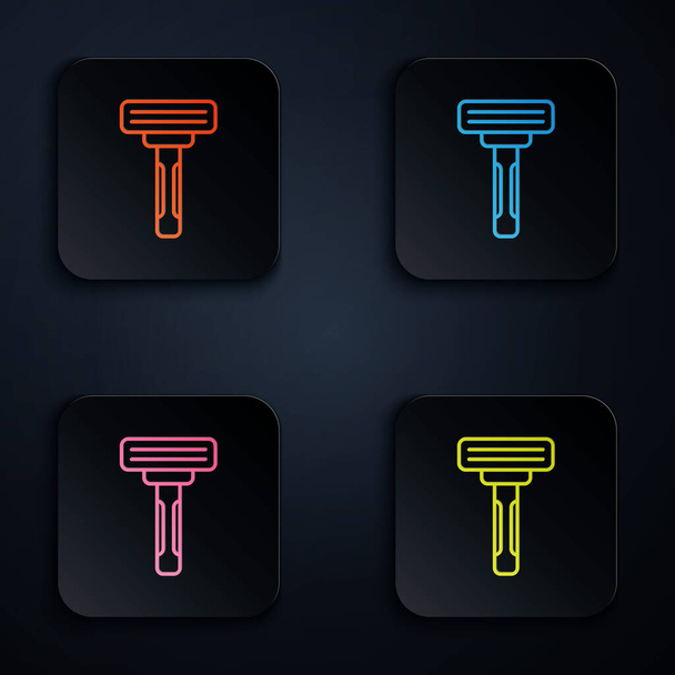 Color neon line Shaving razor icon isolated on black background. Set icons in square buttons. Vector - Vector, Image