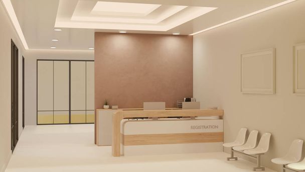 Modern elegancia lobby vagy recepció belső kialakítás regisztrációs pult, váró ülés, folyosó, luxus mennyezet fényekkel, keret mockup fehér falon. 3D render, 3D illusztráció - Fotó, kép