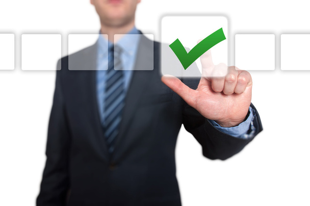 Businessman Touching Button and Ticking Check Box - Photo, Image