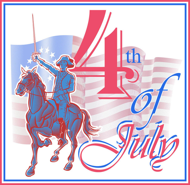 imagen vectorial de un jinete en un caballo durante la guerra de independencia de EE.UU. inscripción julio 4 día de la independencia - Vector, Imagen