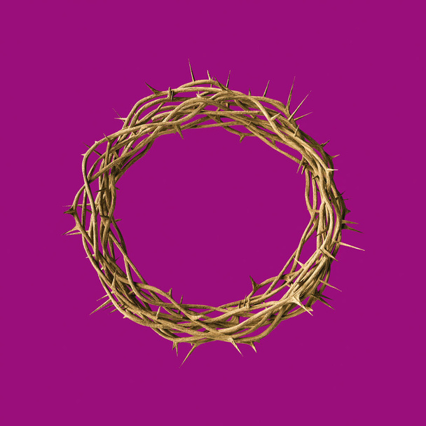 Top view 3d render of crown of thorns with dry sharp spikes placed on purple background - Photo, Image