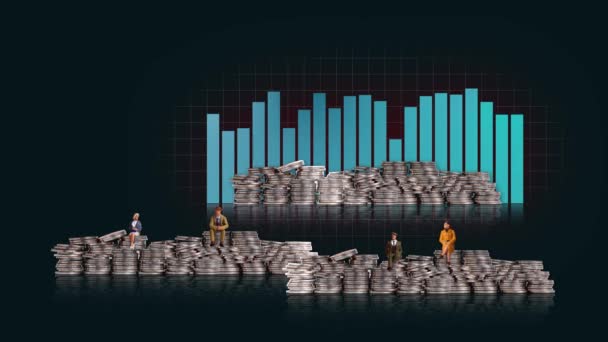 Various miniature people sitting on a pile of coins and bar graphs. The concept of the increase of independent stock traders in the stock market. - Materiaali, video