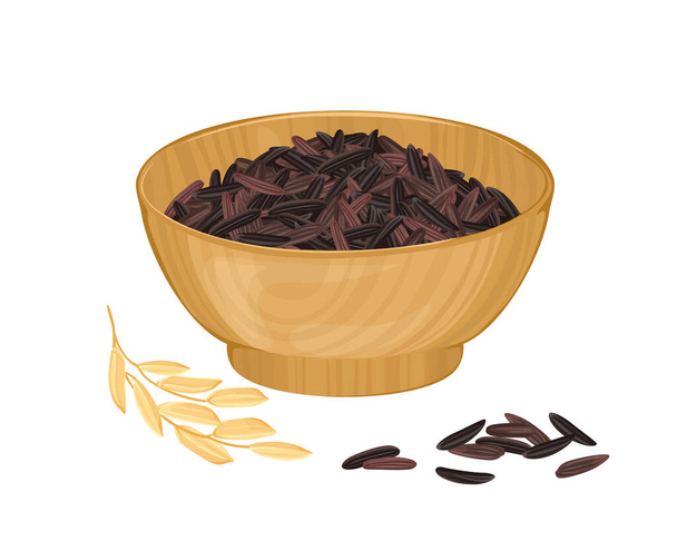 Dark wild rice heap in wooden bowl isolated on white background. Vector cartoon illustration of rice seed. Healthy food icon. - Vektori, kuva