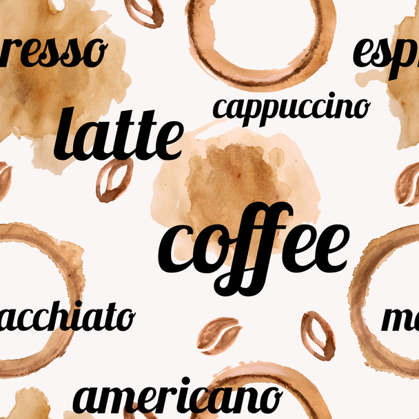 Motif vectoriel sans couture avec des grains de café aquarelle, taches de café et éclaboussures
 - Vecteur, image