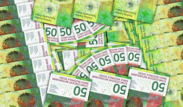 Swiss Francs banknotes in a cash fan mosaic pattern. Switzerland CHF 50 notes. Abstract concept of bank, finance, economy decorative design background 3d illustration. - Foto, Imagem