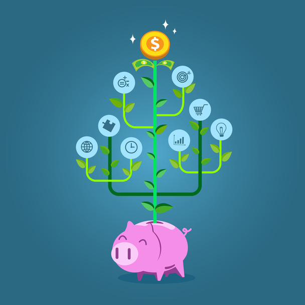 Plant with business symbols growing from piggy bank - Vector, Image