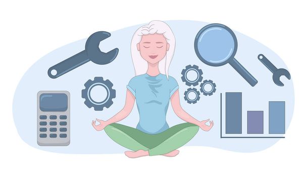 Woman sitting in lotus position with tools for work. Calculator, gear, wrench, magnifier, bar chart, infographic, research, statistics, data analysis. Blue spot on the background. Vector illustration - Vector, Imagen