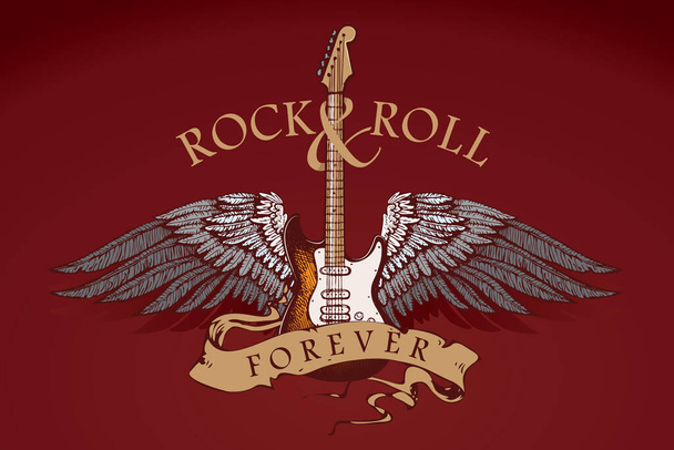 векторное изображение гитары с крыльями и надписью рок-н-ролл в стиле графического эскиза - Вектор,изображение