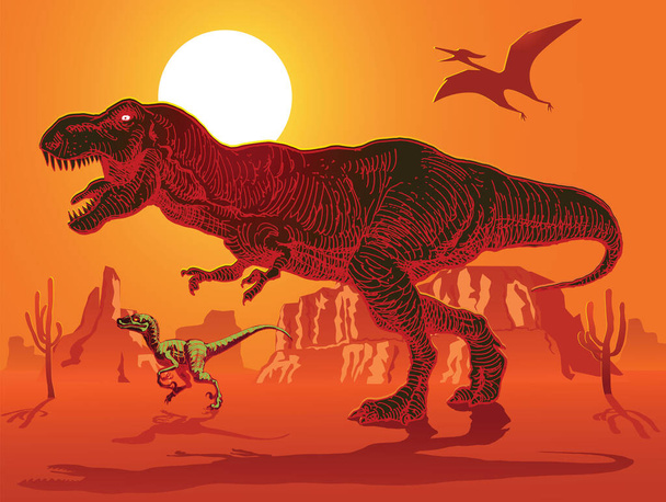imagen vectorial de una manada de tiranosaurios corriendo en busca de presas contra el telón de fondo del sol poniente - Vector, Imagen