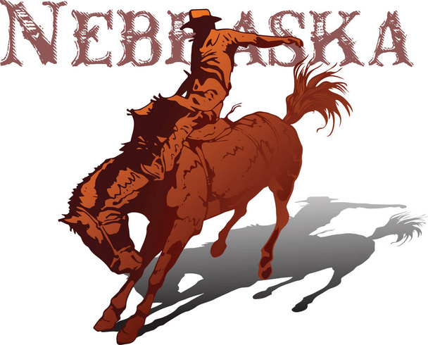 Vektor-Banner-Poster mit Cowboy-Reiter auf wildem Mustang-Pferd und NEBRASKA-Schriftzug auf weißem Hintergrund im Buchskizzenstil - Vektor, Bild