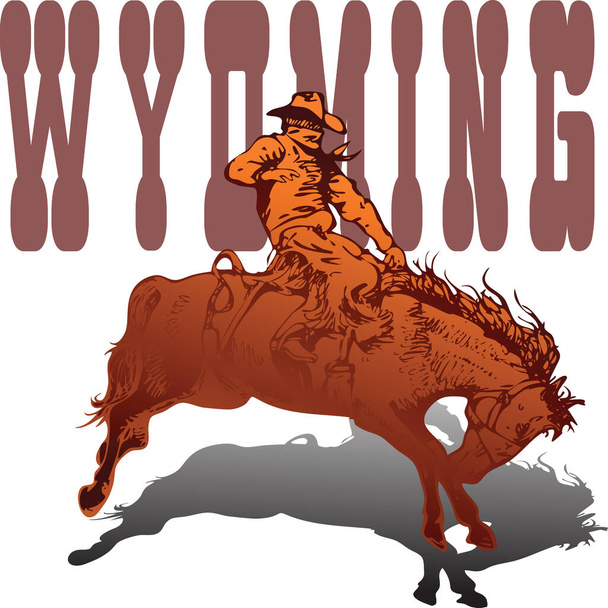векторный плакат с ковбойским всадником на диком мустанге и надписью WYOMING на белом фоне в стиле книжного эскиза - Вектор,изображение