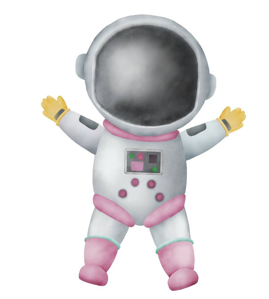 Illustration en papier aquarelle de la jeune astronaute spatiale. Idées pour icônes, papier peint, art pour enfants, livres, dessin animé, fond, bannière, affiche, magazine, détails décoration, anniversaire - Photo, image