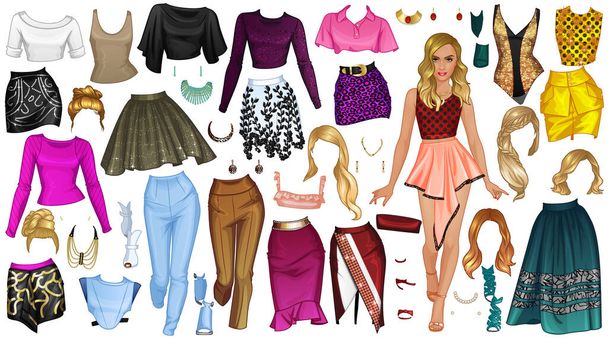 High Fashion 01 Paper Doll with Beautiful Woman, Outfits, Hairstyles and Accessories. Vector Illustration - Vettoriali, immagini