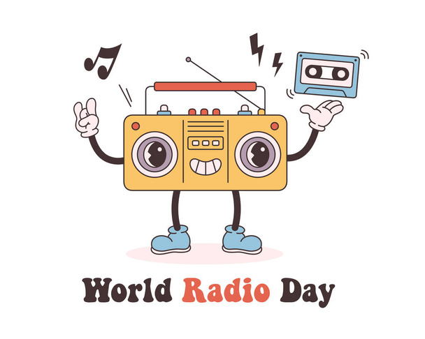 Trendy retro cartoon Radio character. Cassette player. World Radio Day. Groovy style, vintage, 80s, 90s aesthetics. Vector illustration - Vector, Image