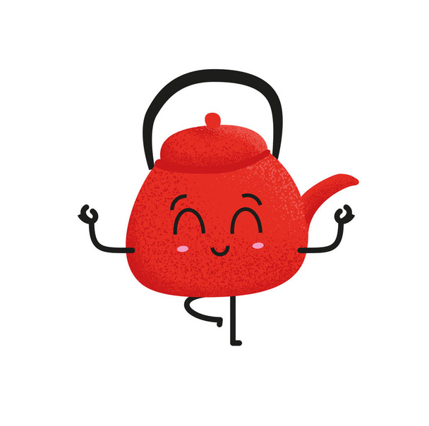 Cute red porcelain teapot standing on one leg. Yoga exercise and balance practice. Funny cartoon character vector illustration. - Vektor, kép