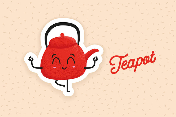 Cute red porcelain teapot standing on one leg. Yoga exercise and balance practice. Funny cartoon character vector illustration. Happy sticker as a gift. - Vecteur, image