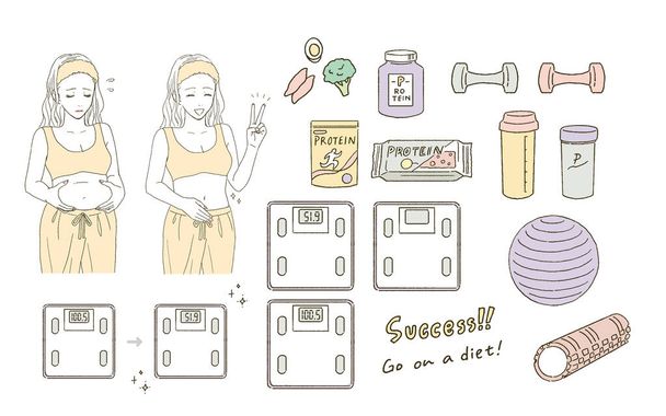 Краса Ілюстрація набір жінки на дієту, масштаб і білок
 - Вектор, зображення