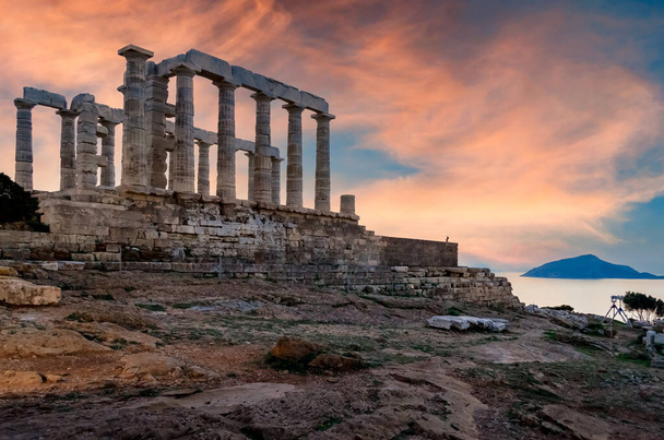 Sounion, Attica - Greece: Colorful sunset at Cape Sounion with the Temple of Poseidon. One of the Twelve Olympian Gods in ancient Greek religion and myth. God of the sea, earthquakes. Nobody - Fotografie, Obrázek