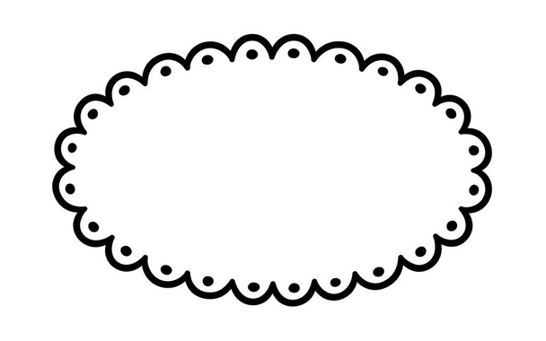 Doodle oval scalloped frame. Hand drawn scalloped edge ellipse shape. Simple circle label form. Flower silhouette lace frame. Vector illustration isolated on white background. - Vector, Imagen