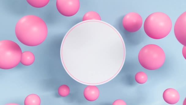 Animación 3D: maqueta animada en bucle con un círculo de espacio de copia en blanco y esferas rosadas a su alrededor sobre fondo azul. - Metraje, vídeo