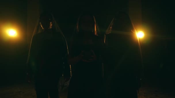 Μια ομάδα σατανιστών με μαύρες ρόμπες περπατούν μαζί στο σκοτάδι ενώ εκτελούν ένα τελετουργικό τη νύχτα. - Πλάνα, βίντεο