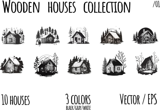 Dřevěný dům v lese, koncept ekologického života. Ruční kreslení vektorové ilustrace.  - Vektor, obrázek