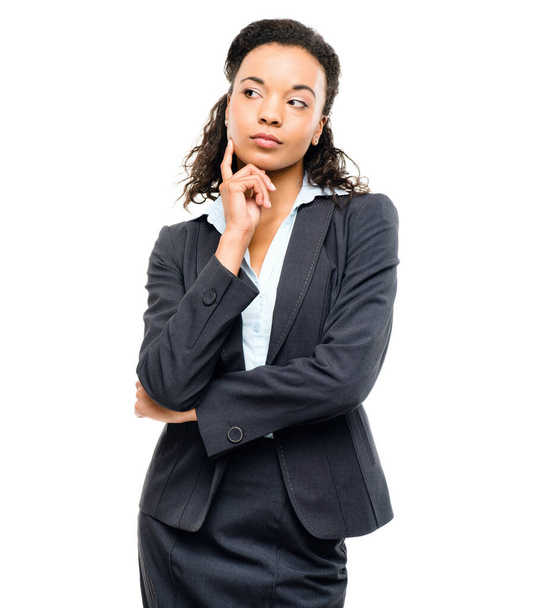 Business woman, thinking finger hand on isolated white background in finance growth goals, target or future vision. Corporate, worker or employee suit and ideas, financial strategy planning or mockup. - Foto, Imagen