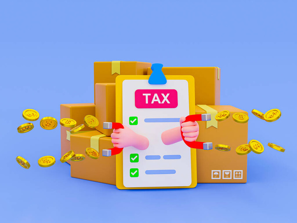 3D最小限の会計課税概念。税金計算の概念です。商品やサービスの概念上の税金。クリップボードに小包を。3Dイラスト. - 写真・画像
