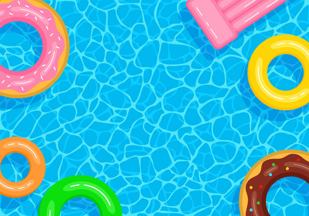 Zomer zwembad achtergrond met kopieerruimte. Kleurrijke opblaasbare cirkels en matras drijvend op het wateroppervlak. Vector illustratie in platte stijl - Vector, afbeelding