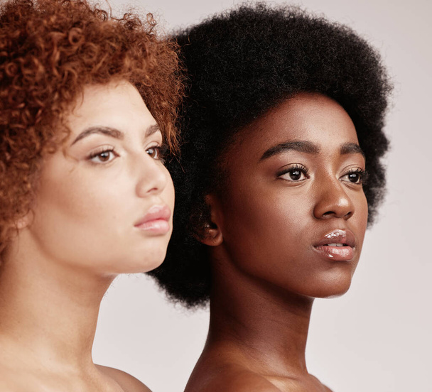 Beauty, makeup and black women profile looking relax from dermatology and spa. Isolated, gray background and studio of young people with natural face and skin from self care treatment and cosmetics. - Fotó, kép