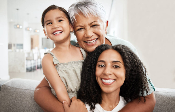 Family, generations and hug with love in portrait and care at home, mother and grandmother with child smile and bond. Happiness, relationship and solidarity, women and girl with quality time together. - Fotoğraf, Görsel