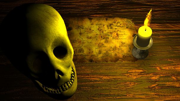 Pirate Map under Candle Light with Human Skull  - Photo, Image