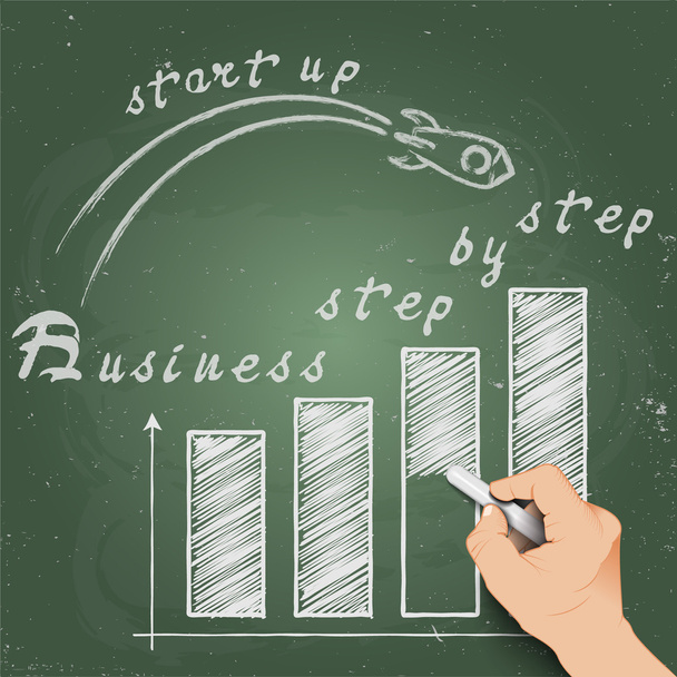Старт бизнеса шаг за шагом 3d рука пишет на доске
 - Вектор,изображение