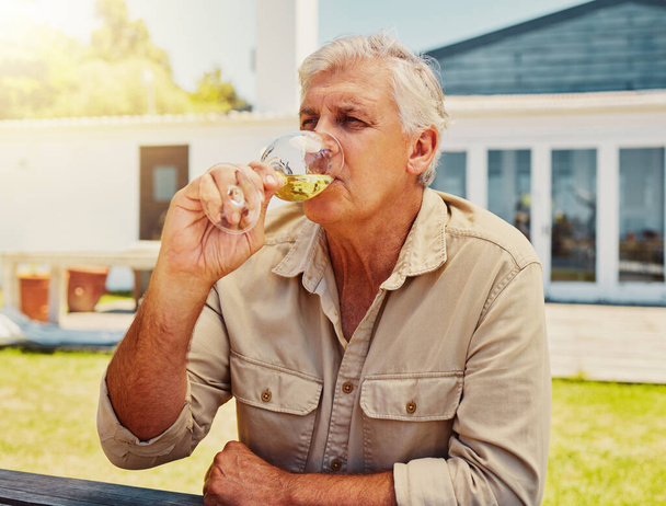 One senior caucasian man sitting alone and drinking glass of white wine during wine tasting on a vineyard. Elderly caucasian man holding and enjoying alcohol from a wineglass on farm during a weekend. - 写真・画像