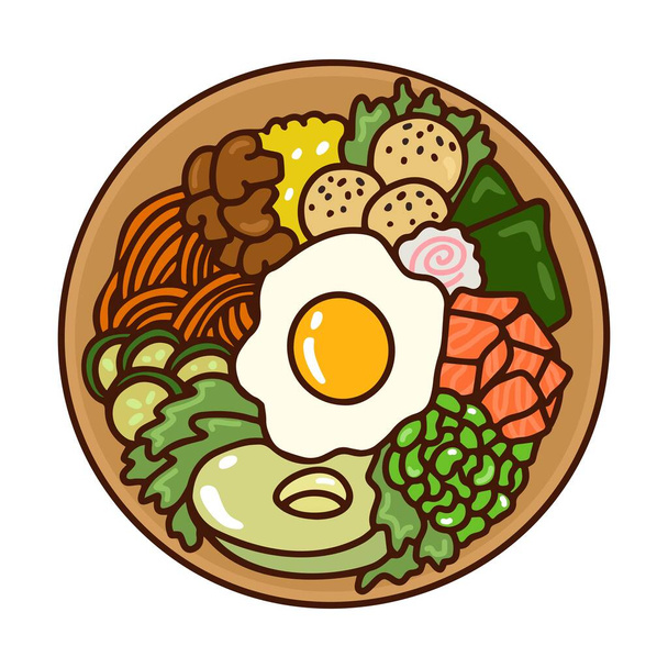 Vegetales, huevo y salmón poke bowl, dibujo a mano. Vista superior de ilustración de alimentos vectoriales. Concepto de comida saludable - Vector, imagen