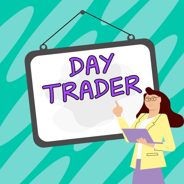 Hand writing sign Day Trader, Business idea A person that buy and sell financial instrument within the day - Fotó, kép