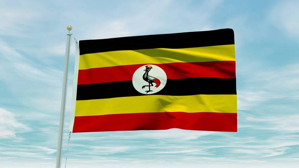 Бесшовная анимация флага Уганды на голубом фоне неба. 3D-инсталляция. Высокое качество 3D иллюстрации - Фото, изображение