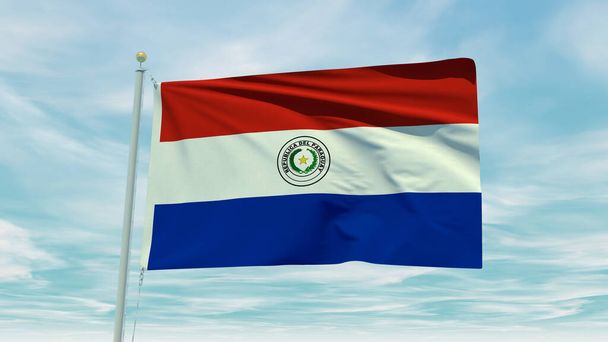 Бесшовная анимация парагвайского флага на фоне голубого неба. 3D-инсталляция. Высокое качество 3D иллюстрации - Фото, изображение
