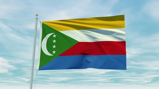 Бесшовная анимация флага Коморских островов на голубом фоне неба. 3D-инсталляция. Высокое качество 3D иллюстрации - Фото, изображение