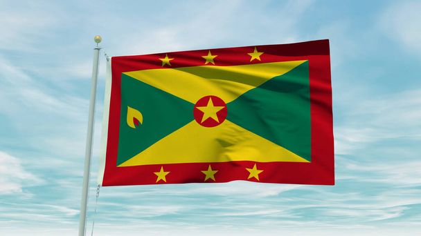 Бесшовная анимация флага Гренады на голубом фоне неба. 3D-инсталляция. Высокое качество 3D иллюстрации - Фото, изображение