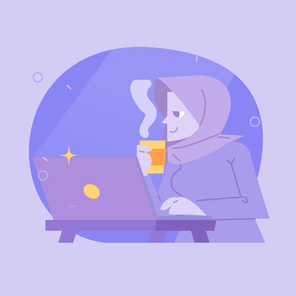 A lapos vektor illusztráció egy nő Hidzsáb kortyolgatás kávé és elérése célok a nők napján - Fotó, kép
