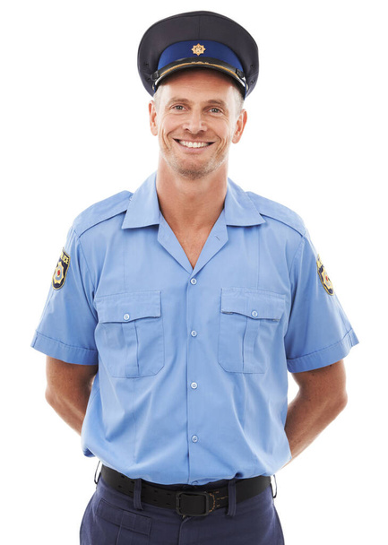 Happy police officer and man isolated on a white background for career vision, leadership and studio portrait. Security, law and compliance of professional person or attractive model in legal uniform. - Zdjęcie, obraz