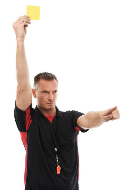 Sports referee, man and yellow card hand for warning soccer rules, penalty or fail in studio. Angry fitness coach sign for mistake, problem or caution in competition game on isolated white background. - Φωτογραφία, εικόνα