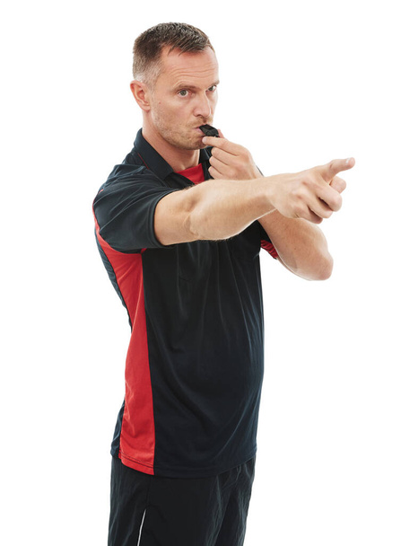 Referee, sport and man blowing whistle, pointing or gesture .in studio warning, sign or message on white background. Sports, coach and hand for rules, compliance and caution while training isolated. - Fotoğraf, Görsel