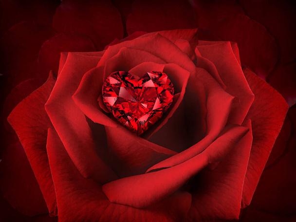 Roter Diamant Herz auf einer Rose Blume auf dem Hintergrund der schönen roten Rosenblätter - Foto, Bild