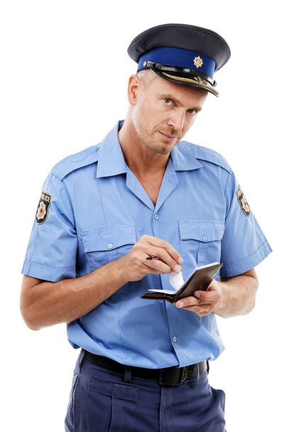 Parking fine, ticket and portrait of police writing on notepad for traffic laws, crime and public service. Justice, law enforcement and face of policeman, security guard and safety officer with paper. - Fotoğraf, Görsel