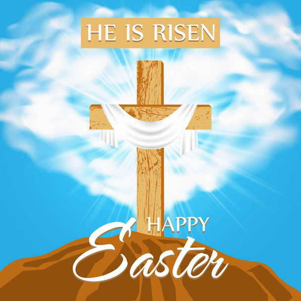 Happy Easter. Religious design with a wooden cross on Calvary in rays of divine light and blue sky. He is Risen. Happy Easter. Vector illustration. - Vektor, obrázek