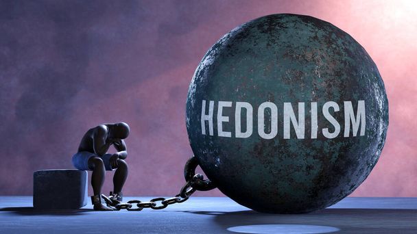 Hedonismus - gigantická a nehybná váha připoutaná k zranitelné a trpící osobě v bolestech, bídě a bezmocnosti. Studený a tragický stav vytvořený hedonismem  - Fotografie, Obrázek