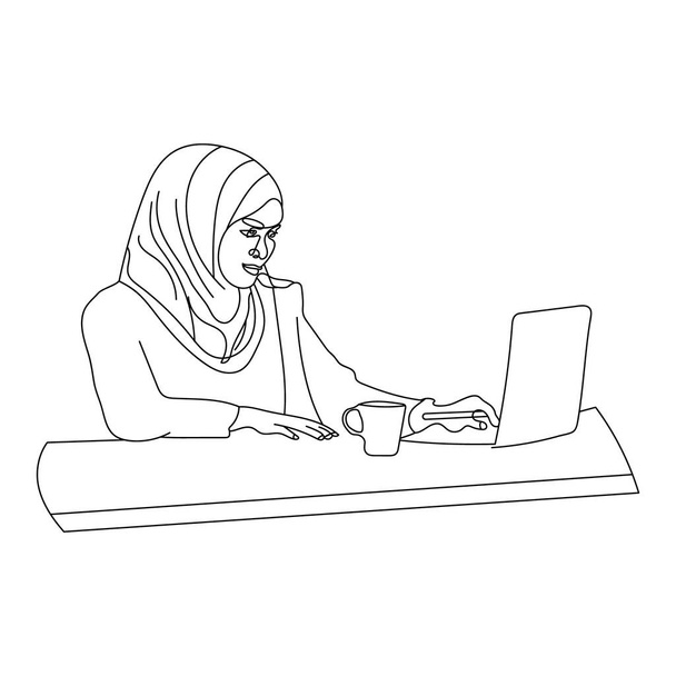 ヒジャーブを着た女性がオフィスの机の上の線画でコンピュータに取り組んでいます - ベクター画像